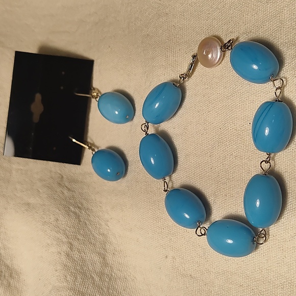 Bracelet, earrings set,925 silver,blue stone "?" One flat pearl , - Picture 1 of 5